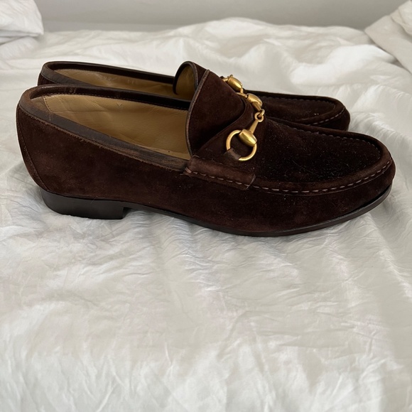 Men's Gucci Brown Swede Classic Style Loafers Gold Horseshoe Bit 41.5/8.5 - Picture 6 of 14